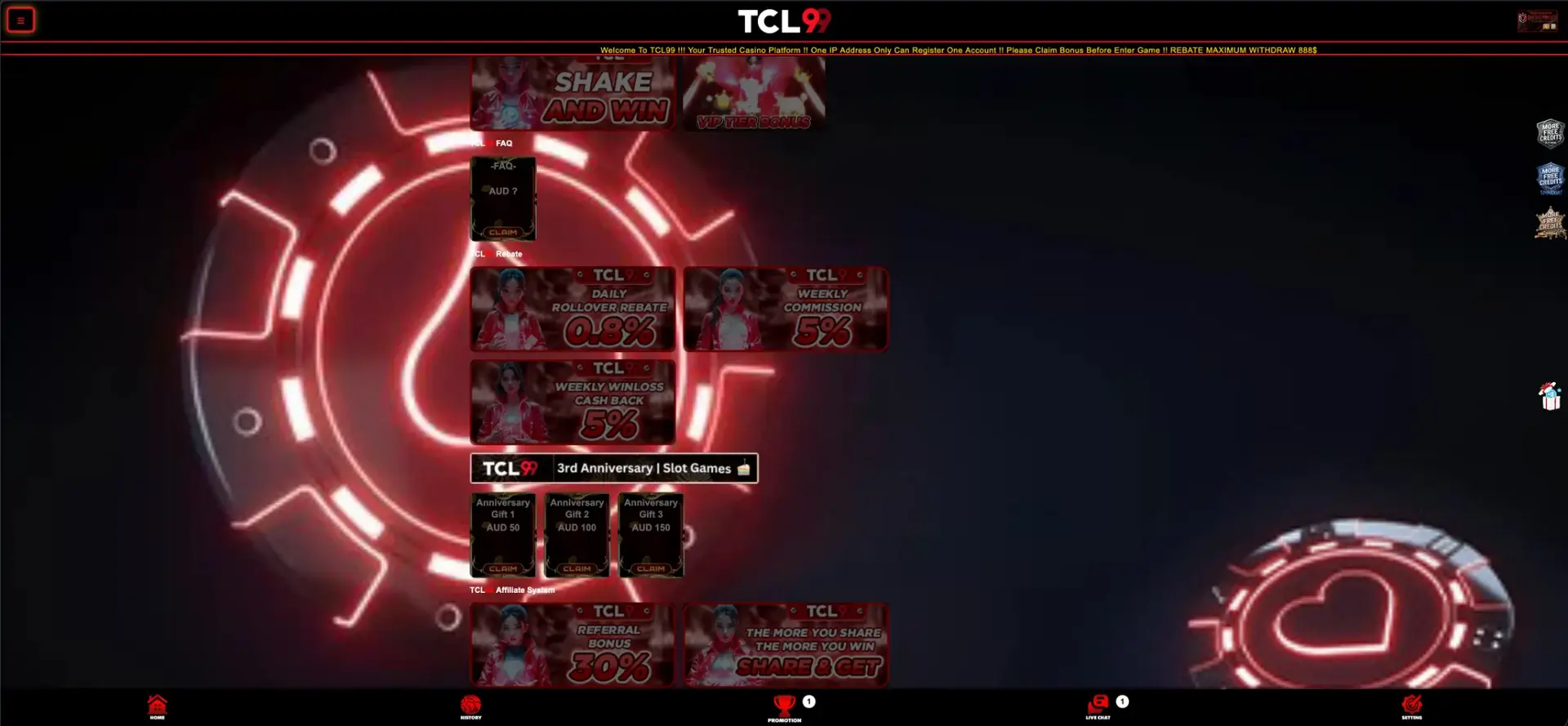 TCL99 casino promotions and rebates