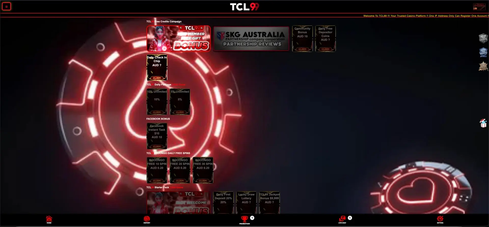 TCL99 free credit bonuses for Australian players
